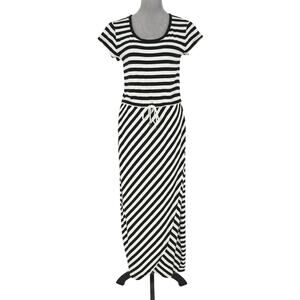 T by Talbots Dress Womens Medium Maxi Black White Stripe Jersey Knit Faux Wrap